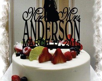 Silhouette Mr and Mrs Monogram Cake Topper With Your Family Name and Wedding Date - Handmade Custom Wedding Unique Cake Topper