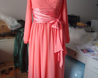Long Sleeve Coral Bridesmaid Dress V Neck A Line with Ribbon Maxi ...
