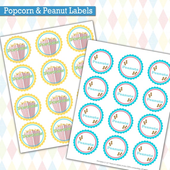 Popcorn & Peanuts Party Labels Movie Night Baseball Circus