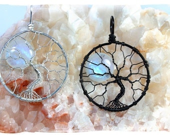 Rainbow Moonstone Large Tree-of-Life Pendant Full Moon Wire Wrapped Jewelry Argentium Sterling Silver Black Reclaimed Recycled Eco Friendly