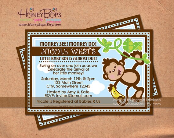 Monkey Invitation Birthday Baby Shower Announcement BLUE custom invite - uPrint Digital JPG File Il_570xn