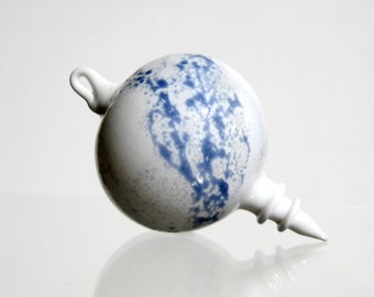 White and Blue Christmas Ornament, Hand Blown Glass
