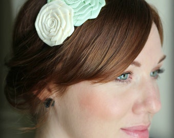 Mint and Ivory Folded Rose Headband for Women and Girls