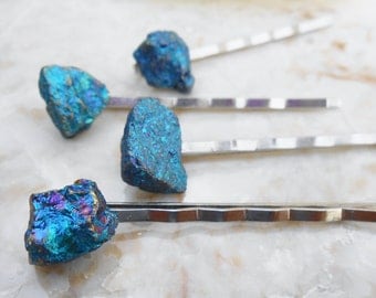 Something Blue. One (1) Tiny/ Petite Chalcopyrite (Peacock Ore)/ Raw Stone Silver Plated Bobby Pins/ Hair Pins/ Bridal/ Wedding