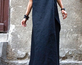 XXLXXXL Maxi Dress / Black Kaftan Linen Dress / One Shoulder