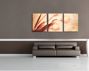 Fine Art Photography Print Set of 3 Wall Decor Collage, Shabby Chic Distressed Flower Oversized Wall Art-Distressed Tulips