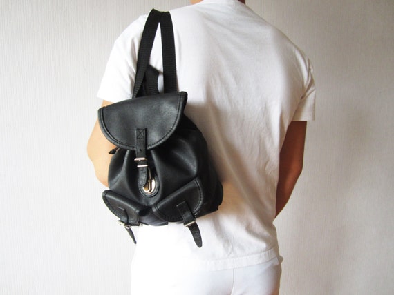 Small Black Vegan Leather Backpack Drawstring Faux Leather