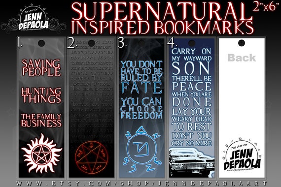 Supernatural Inspired Bookmarks 2x6 by JennDePaolaArt on Etsy