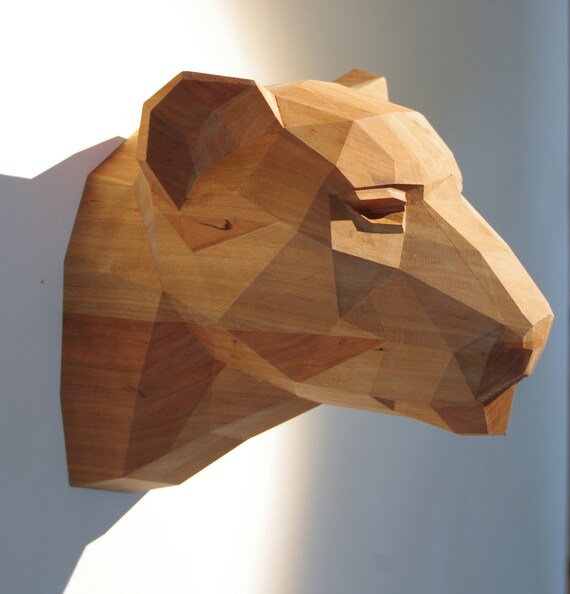 Wooden Leopard Head, Beautiful Cherrywood Sculpture, Geometric Design. Limited Edition
