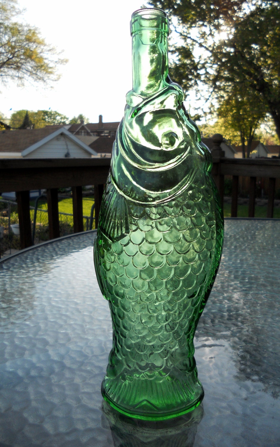 Vintage Green Glass Fish Shaped Bottle