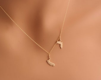 Two State Necklace, Gold, ALL 50, State Jewelry, California, New York, Florida, Illinois, Jersey, Virginia, Wisconsin, Pennsylvania, Ohio,