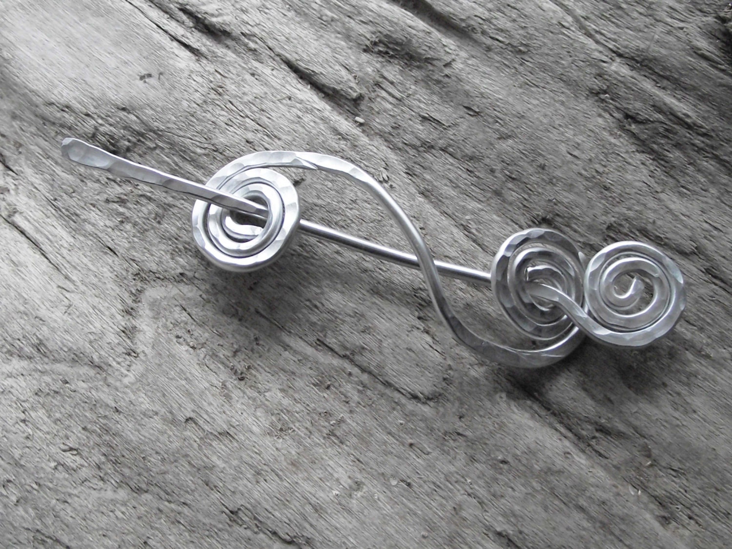 Aluminum Shawl Pin Scarf Pin Wire Hammered Double Swirl