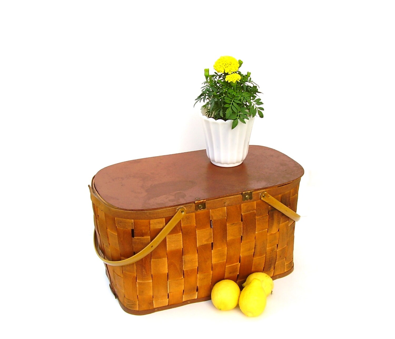 Vintage Picnic Basket Woven Wood Splint Lunch Hamper Storage