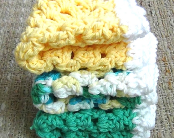 Cotton Crochet Dishcloths - Summer Color Washcloth - Set of 3 - Yellow, Green, Multicolor Face Cloth - Multi Purpose