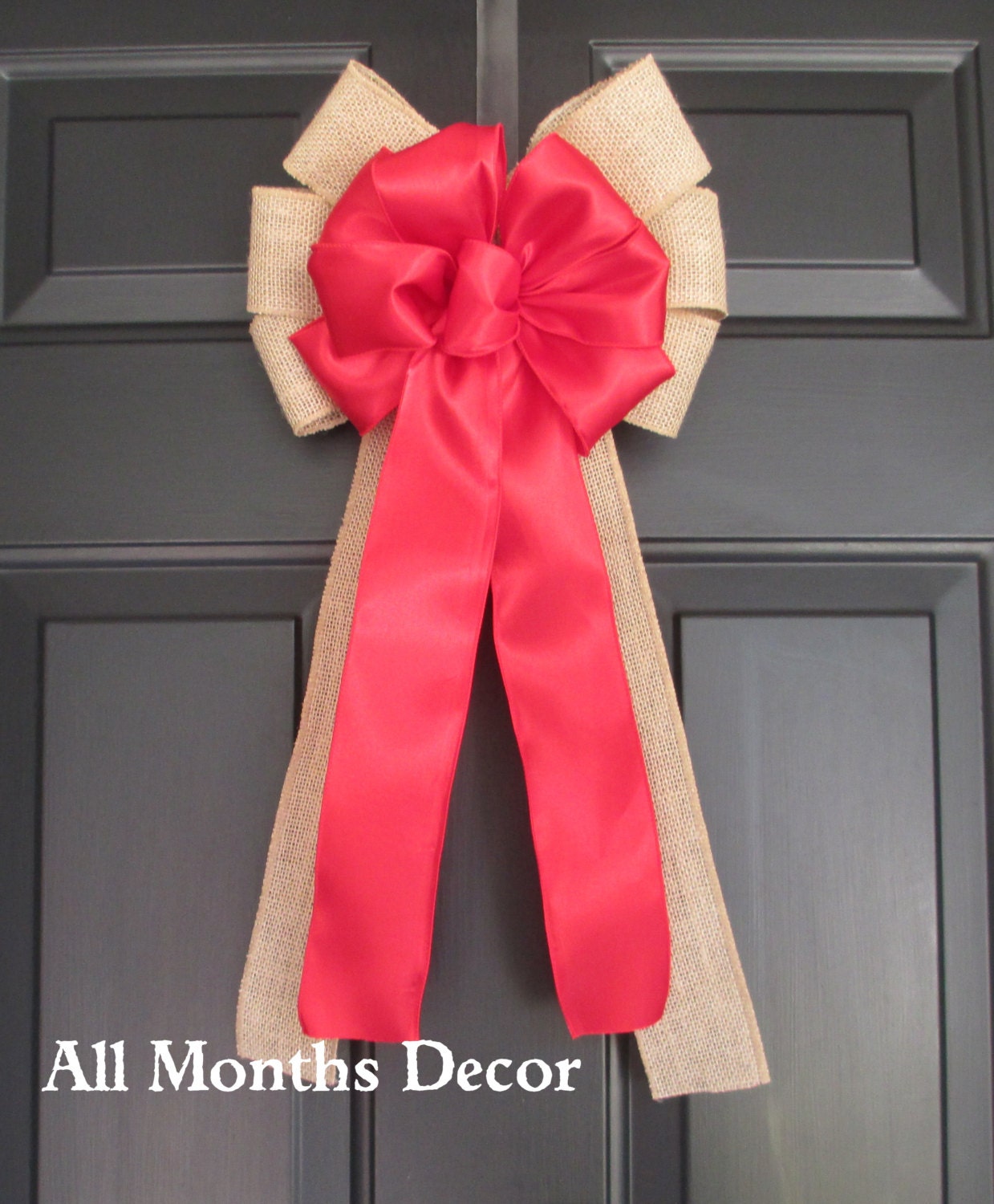 Red Satin over Natural Burlap Bow, Bridal Wedding Decor, Country Rustic Shabby Chic, Home Pew Aisle, Party, New Mom Baby Shower