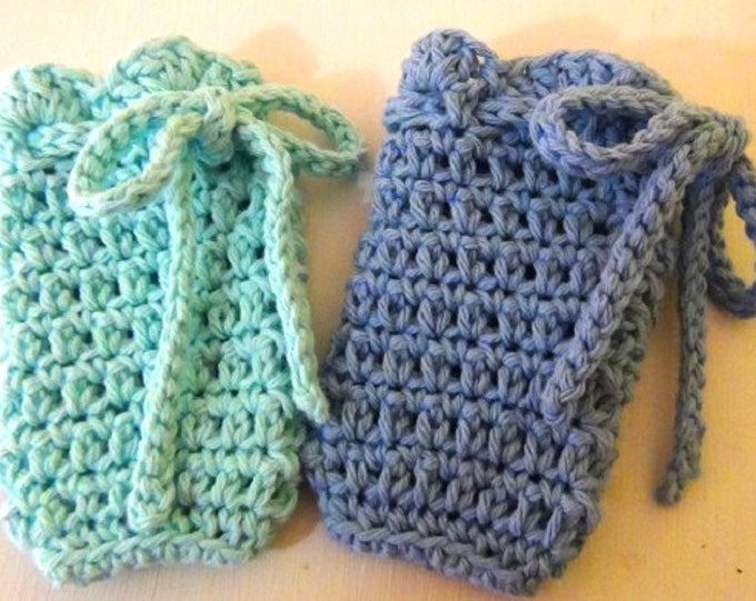 Turquoise and Blue Soap Saver Bag - Soap Sachet Set of 2 - Robins Egg Sky Blue and Ocean Blue crochet soap sack - Gift Basket Item