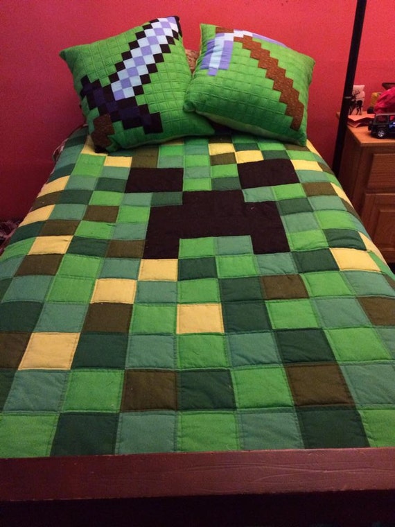 Minecraft Twin Bed Quilt with 2 Pillows by CraftsnQuiltsnSuch