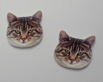 Handcrafted Plastic Striped Tabby Cat Head Stud Earrings