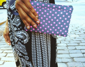 Hot Pink Neon Wristlet Wallet, Neon Wristlet Purse, Pink Neon Clutch Bag, Neon Pink Polka Dots Rawen Wristlet, Neon Color Wallet