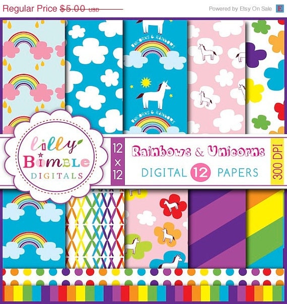 50% off Rainbow digital papers with unicorns, retro clouds, rainbows, scrapbook paper for cards, invites, birthday party Download Il_570xn