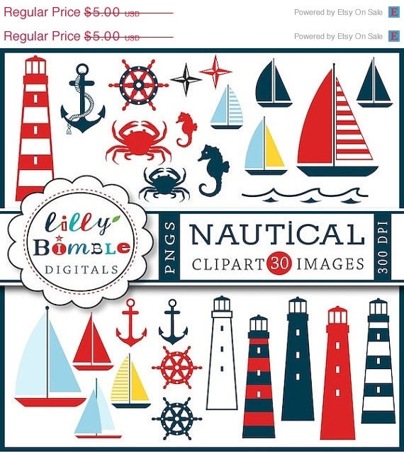 50% off Nautical clipart sailing boats, lighthouses, crab, boats, seahorse, anchors, wheel Instant Download Il_570xn