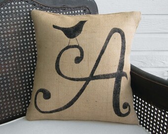 Bird Letter Custom Monogram Pillow - Burlap Pillow - Letter Pillow