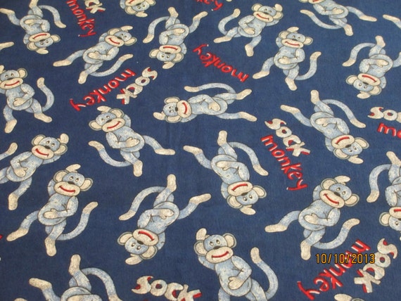 Sock Monkey Flannel Fabric Navy Blue 100% cotton Navy Red