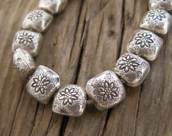 2 Thai Hilltribe Silver Flower Pillow Beads, 11mm -Set of 2