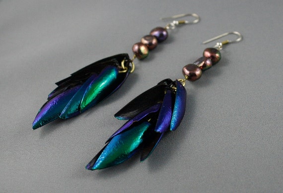 Long bohemian earrings. Beetle wings earrings. Insect jewelry. Black pearl earrings