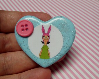 Louise Belcher Pastel Blue Polymer Clay Glitter Heart Brooch or Necklace