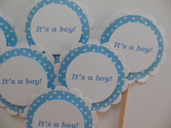 Its A Boy Cupcake Toppers Blue and White Polka Dots Gender