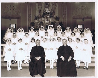 black and white.photograph.1950's.priest.confirmation.baptism.veils.historical.collectible.rare.wall hanging.art home deco.gift.religious