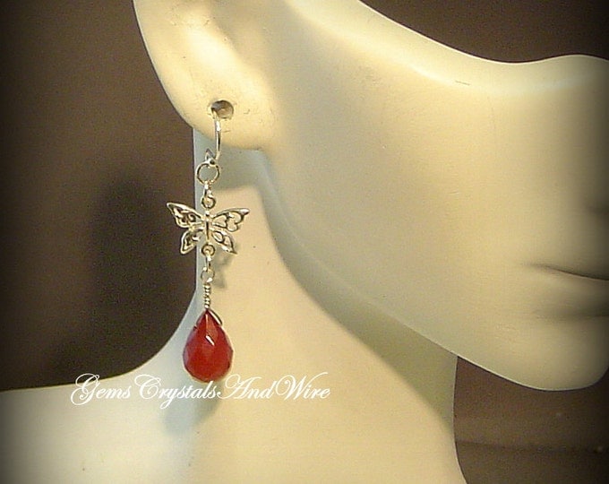 Butterfly Earrings, Sterling Silver Earrings, Red Quartz Drops, Gift For Her, Ladies Jewelry