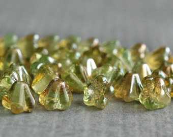 Chrysolite Celsian Czech Glass 4x6mm Baby Bell Flower Beads : 30 pc