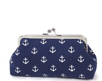 Navy White Nautical Anchor Clutch/Navy Blue White Wedding Accessory/Nautical Purse