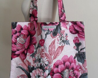 Vintage 1970's Fabric Tote Bag - Huge Floral Print - Hot Pink, Grey & Black