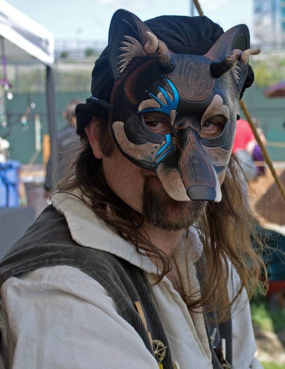 Black Wolf Mask With Silver Flourish... handmade leather mask