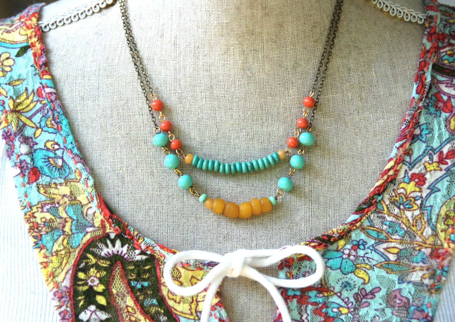 Emmy. double layered bohemian beaded necklace. Tiedupmemories