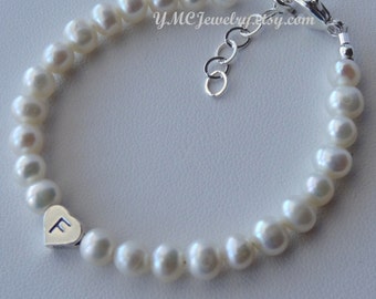 Sterling Silver Initial Heart Freshwater Pearl Children Bracelet, Birthstone Bracelet, Baptism Bracelet, Baby Pearl Bracelet, Flower Girl