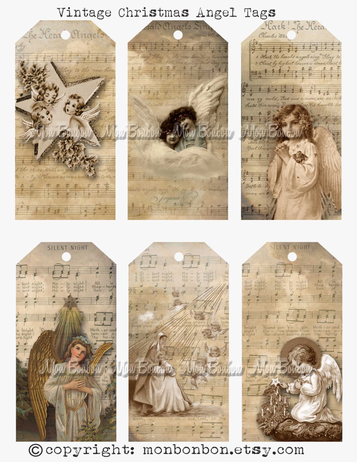 Vintage Christmas Angels Gift Tags Sheet DIY You Print