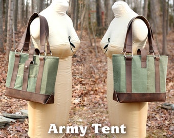 Small Upcycled / Recycled Material & Leather Tote. Canvas interior. Design: Espresso Shot