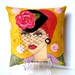new..MANON PARIS PILLOW, hand painted pillow, Paris, Paris girl, veiled hat, mustard yellow, polka dots, fun quote, woman gift, earring,
