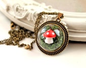 Dainty cute woodland mushroom in moss Necklace larger version