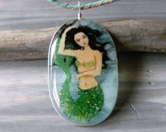 Amazing Mermaid in the water - fused glass pendant - mermaid nekclace