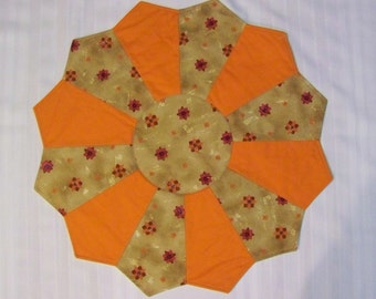14" Solid Orange with Print on Tan Dresden Plate Table Topper (D4OR-14")