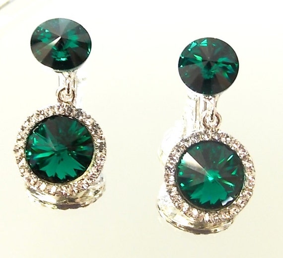 Emerald Green Clip On Earrings with Swarovski Crystal by dalfiya