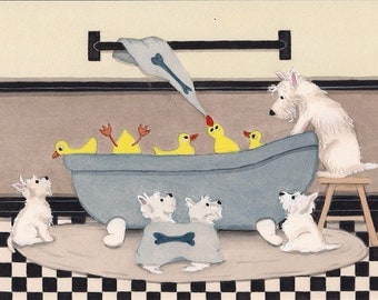 West highland terriers (westies) share tub with ducks bath time / Lynch signed folk art print