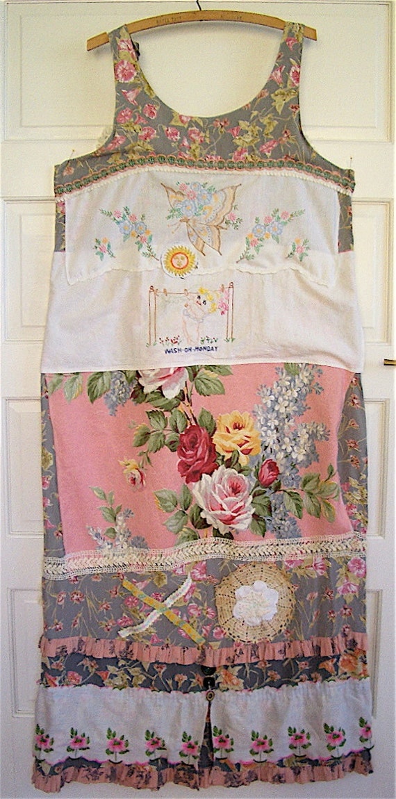 Lot of Vintage Antique LINENS Wearable Art COLLAGE DRESS L