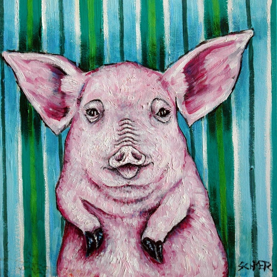 pig pink pig art tile coaster gift impressionism stripes farm animals print on tileartist - il_570xN.620835084_fvea