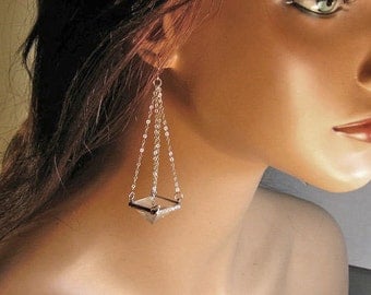 Sterling silver clear crystal quartz pyramid dangle earrings, statement, gift